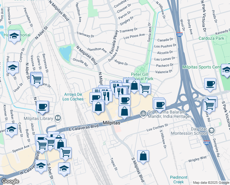 map of restaurants, bars, coffee shops, grocery stores, and more near 376 Sandhurst Dr in Milpitas