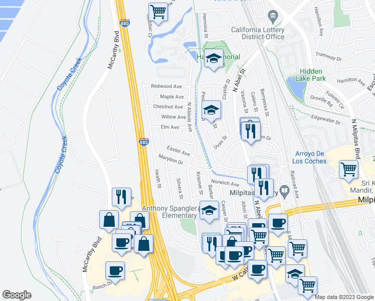 map of restaurants, bars, coffee shops, grocery stores, and more near 455 Easter Avenue in Milpitas