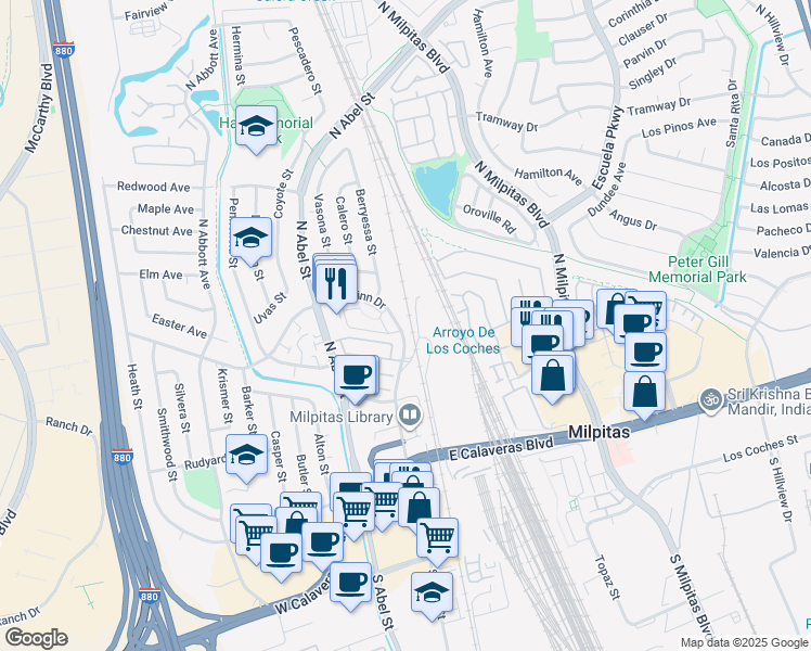 map of restaurants, bars, coffee shops, grocery stores, and more near 7280 Marylinn Drive in Milpitas