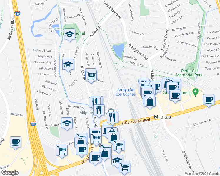 map of restaurants, bars, coffee shops, grocery stores, and more near 7280 Marylinn Drive in Milpitas