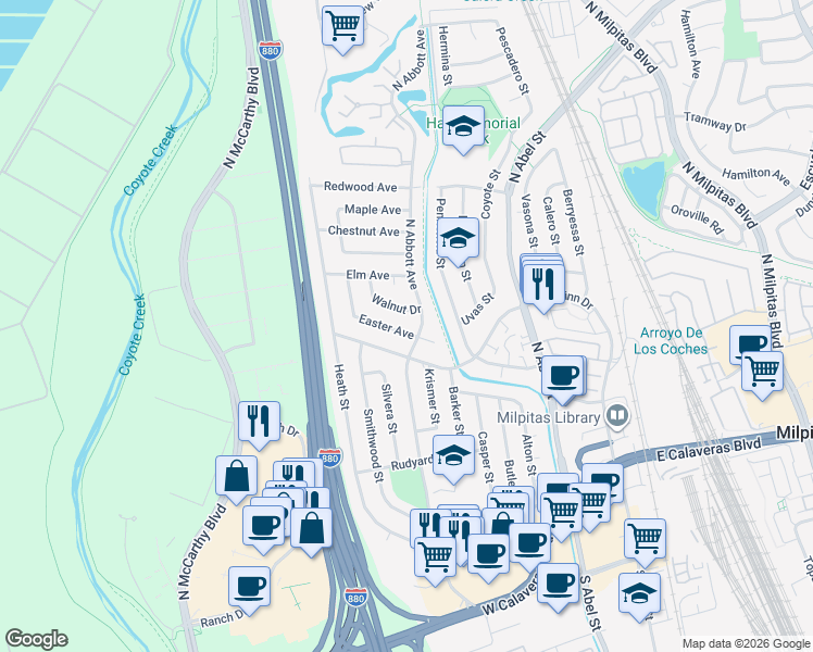 map of restaurants, bars, coffee shops, grocery stores, and more near 455 Easter Avenue in Milpitas