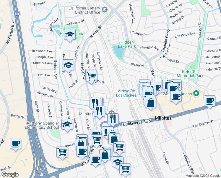 map of restaurants, bars, coffee shops, grocery stores, and more near 7280 Marylinn Drive in Milpitas