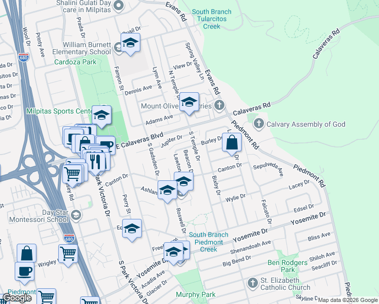 map of restaurants, bars, coffee shops, grocery stores, and more near 111 Beacon Drive in Milpitas