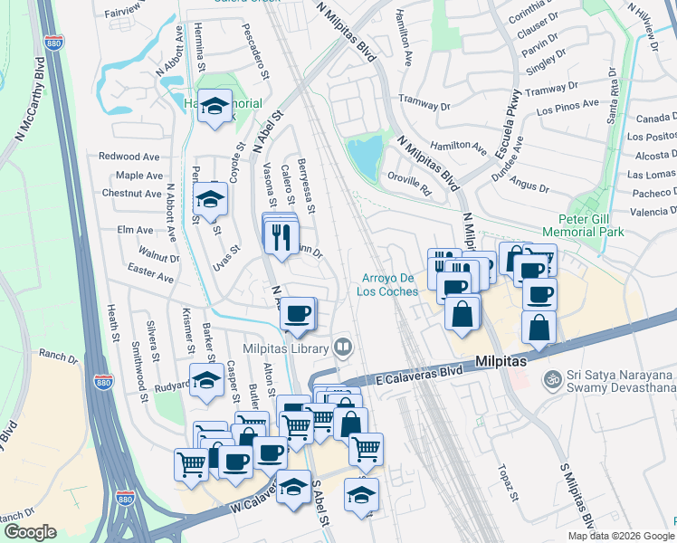 map of restaurants, bars, coffee shops, grocery stores, and more near 62 Marylinn Drive in Milpitas