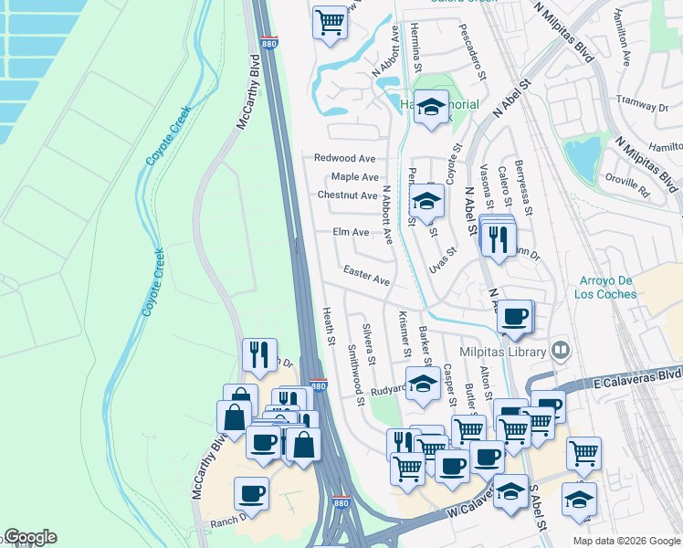 map of restaurants, bars, coffee shops, grocery stores, and more near 534 Easter Avenue in Milpitas