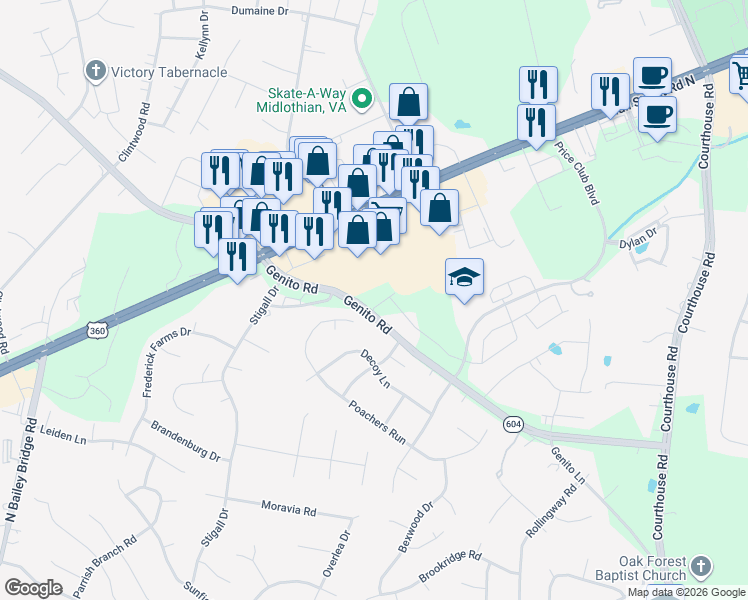 map of restaurants, bars, coffee shops, grocery stores, and more near 10800 Genito Road in Chesterfield