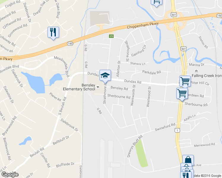 map of restaurants, bars, coffee shops, grocery stores, and more near 3025 Bensley Road in Richmond