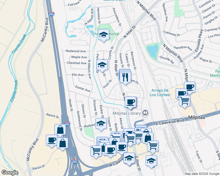 map of restaurants, bars, coffee shops, grocery stores, and more near 267 Marylinn Drive in Milpitas