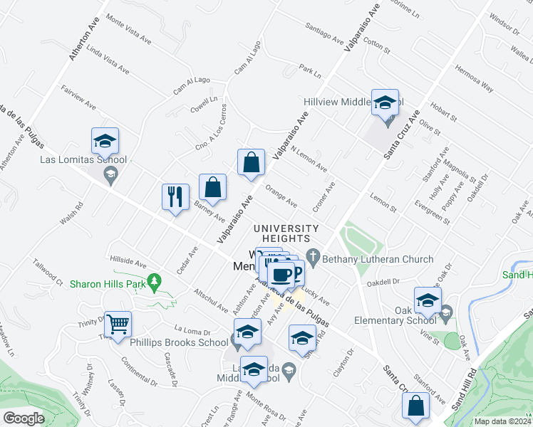 map of restaurants, bars, coffee shops, grocery stores, and more near 1341 Sherman Avenue in Menlo Park
