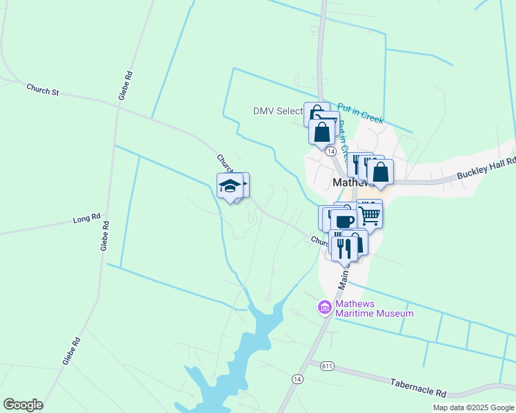 map of restaurants, bars, coffee shops, grocery stores, and more near 348 Church Street in Mathews
