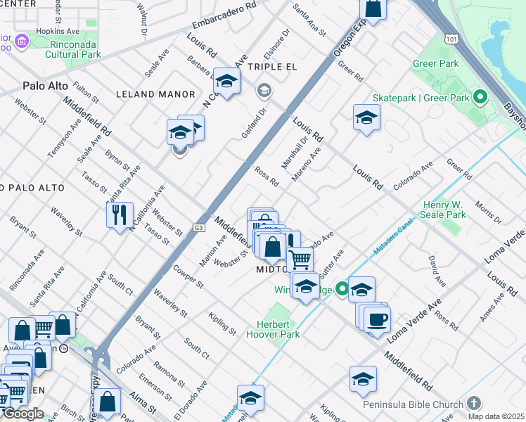 map of restaurants, bars, coffee shops, grocery stores, and more near 749 Moreno Avenue in Palo Alto