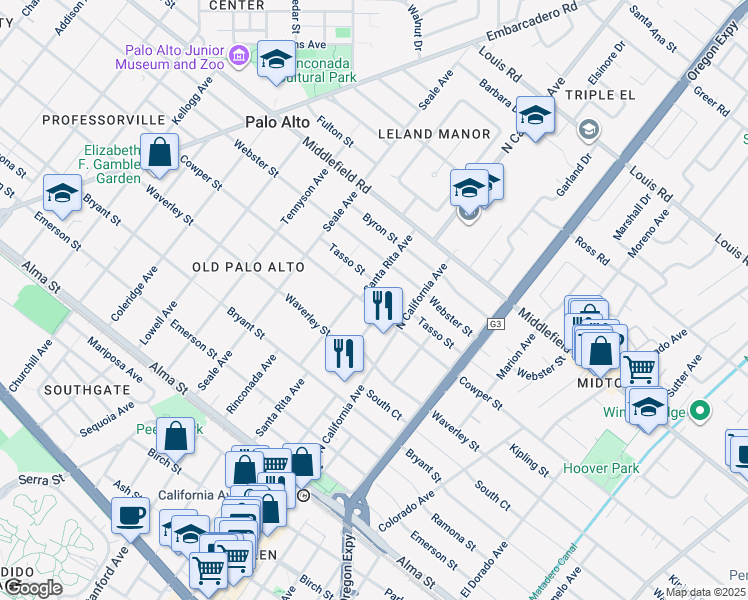 map of restaurants, bars, coffee shops, grocery stores, and more near 2115 Cowper Street in Palo Alto