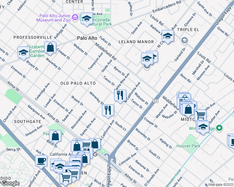map of restaurants, bars, coffee shops, grocery stores, and more near 2115 Cowper Street in Palo Alto