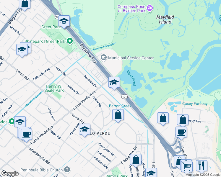 map of restaurants, bars, coffee shops, grocery stores, and more near 3350 West Bayshore Road in Palo Alto