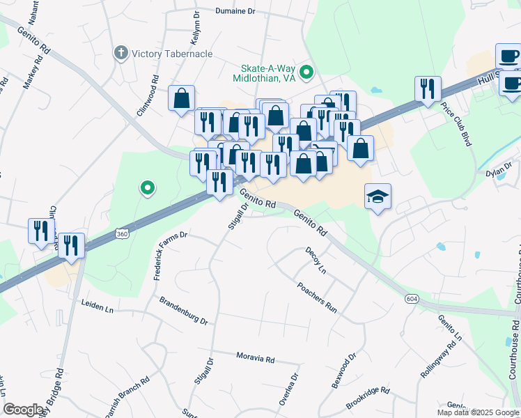 map of restaurants, bars, coffee shops, grocery stores, and more near 3901 Stigall Drive in Midlothian