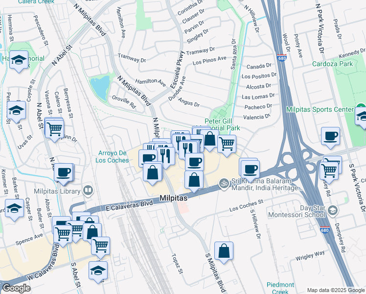 map of restaurants, bars, coffee shops, grocery stores, and more near 376 Sandhurst Drive in Milpitas