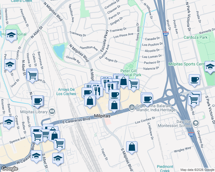 map of restaurants, bars, coffee shops, grocery stores, and more near 376 Sandhurst Drive in Milpitas