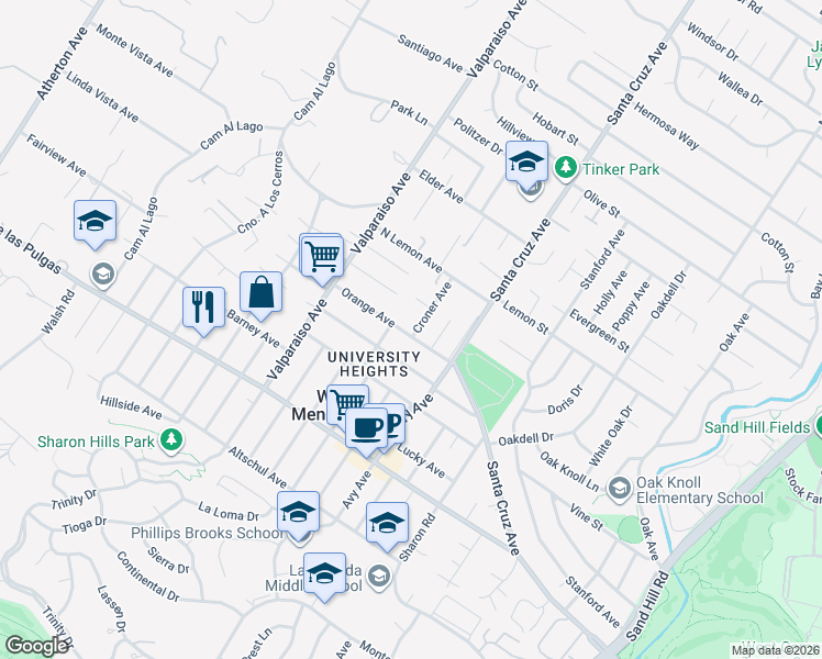 map of restaurants, bars, coffee shops, grocery stores, and more near 1231 Orange Avenue in Menlo Park