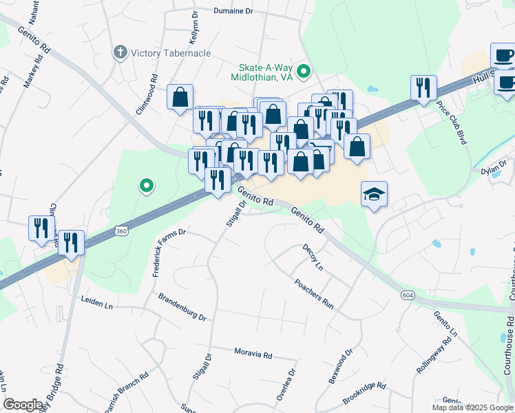 map of restaurants, bars, coffee shops, grocery stores, and more near 3901 Stigall Drive in Midlothian