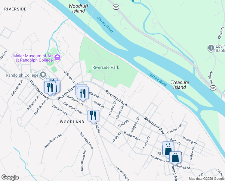 map of restaurants, bars, coffee shops, grocery stores, and more near 2123 Rivermont Avenue in Lynchburg