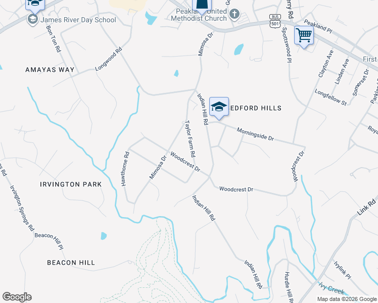 map of restaurants, bars, coffee shops, grocery stores, and more near 2236 Taylor Farm Road in Lynchburg
