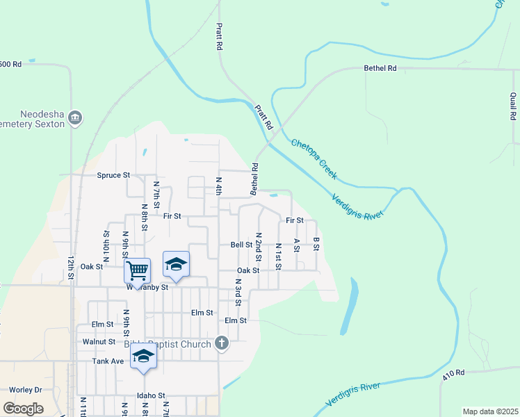 map of restaurants, bars, coffee shops, grocery stores, and more near 106 McCartney Lane in Neodesha