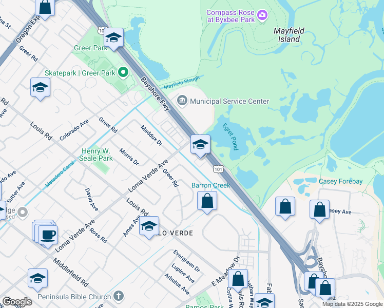 map of restaurants, bars, coffee shops, grocery stores, and more near 3350 West Bayshore Road in Palo Alto