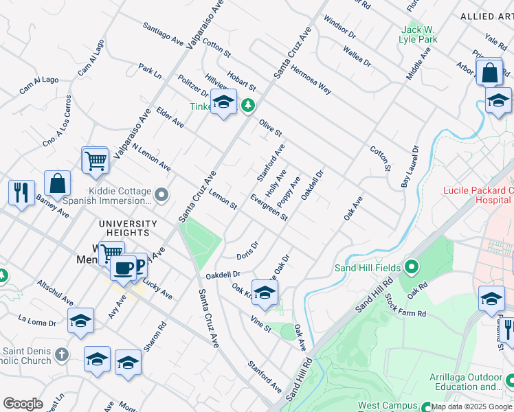 map of restaurants, bars, coffee shops, grocery stores, and more near 805 Evergreen Street in Menlo Park