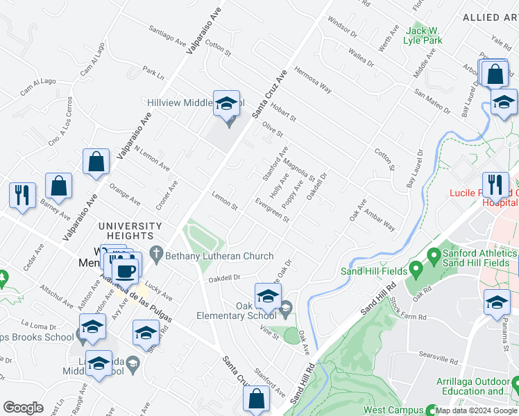 map of restaurants, bars, coffee shops, grocery stores, and more near 805 Evergreen Street in Menlo Park