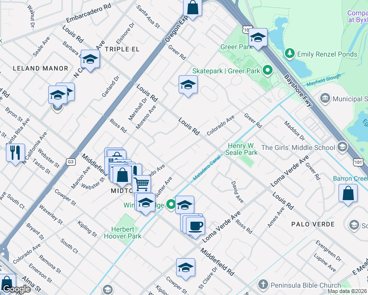 map of restaurants, bars, coffee shops, grocery stores, and more near 867 Colorado Avenue in Palo Alto