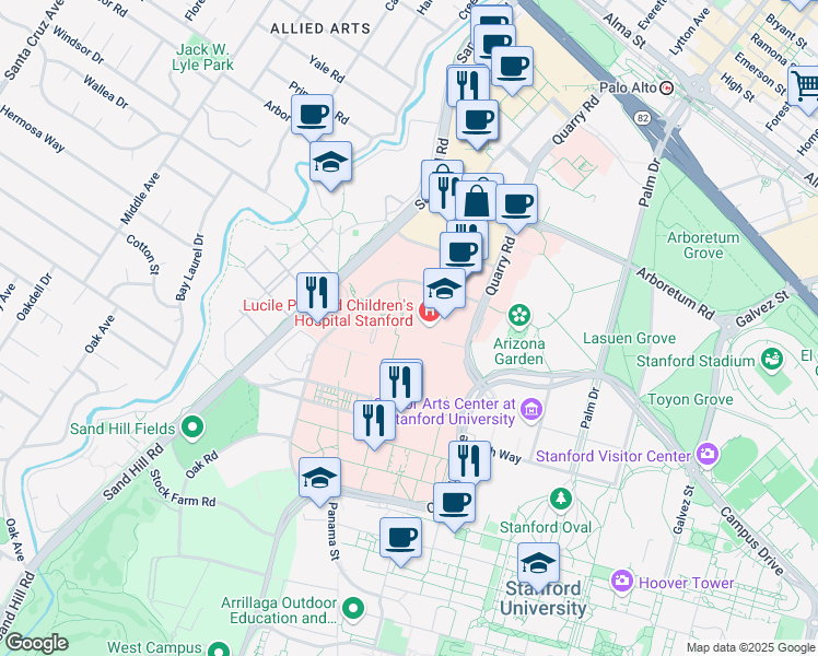 map of restaurants, bars, coffee shops, grocery stores, and more near 725 Welch Road in Palo Alto