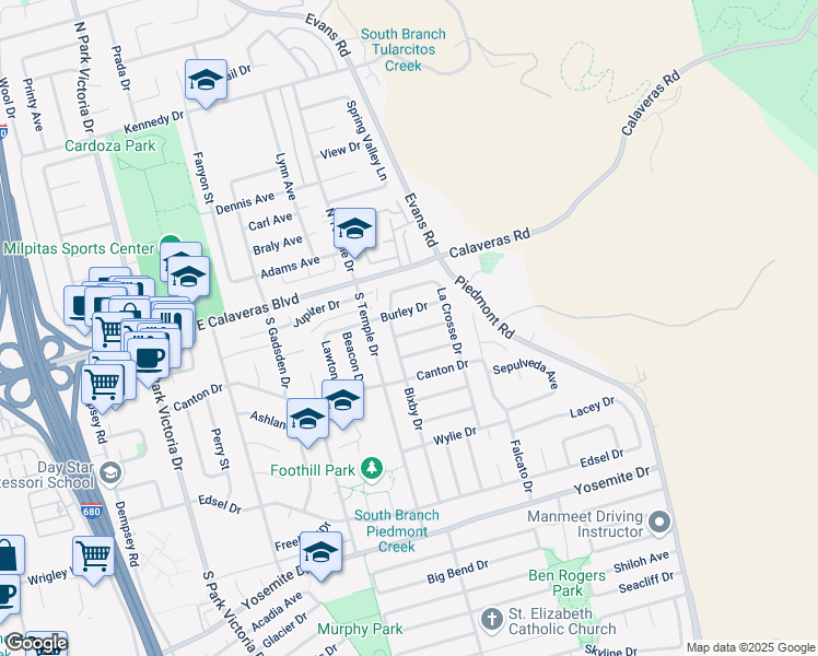 map of restaurants, bars, coffee shops, grocery stores, and more near 1809 Findley Drive in Milpitas
