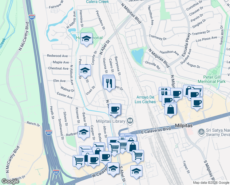 map of restaurants, bars, coffee shops, grocery stores, and more near 112 Images Circle in Milpitas