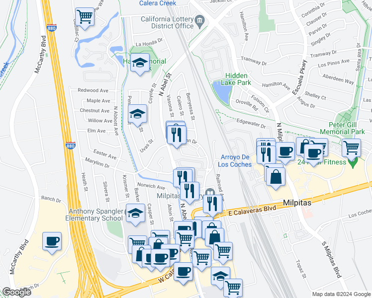 map of restaurants, bars, coffee shops, grocery stores, and more near 170 Marylinn Drive in Milpitas