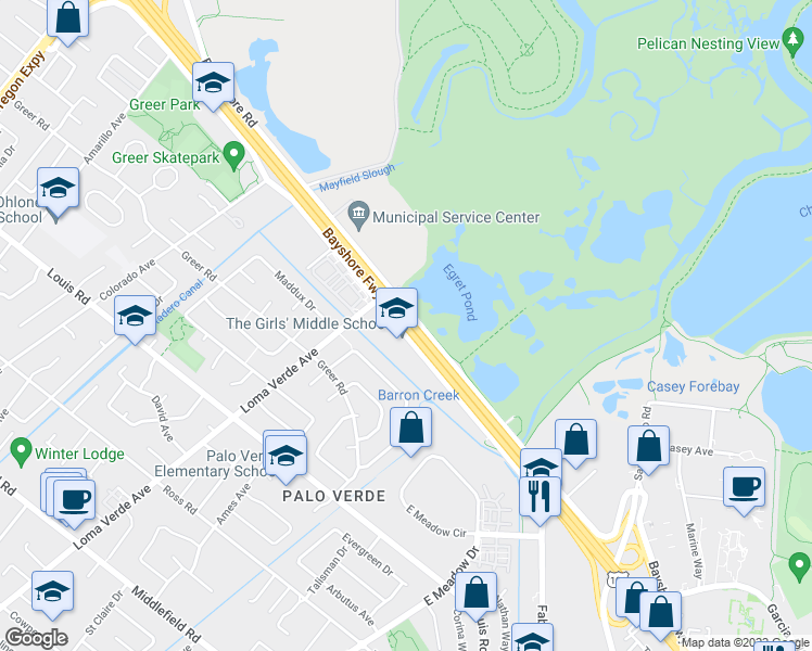 map of restaurants, bars, coffee shops, grocery stores, and more near Bayshore Fwy in Palo Alto