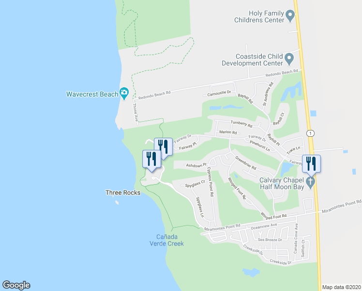 map of restaurants, bars, coffee shops, grocery stores, and more near 11 Fairway Place in Half Moon Bay