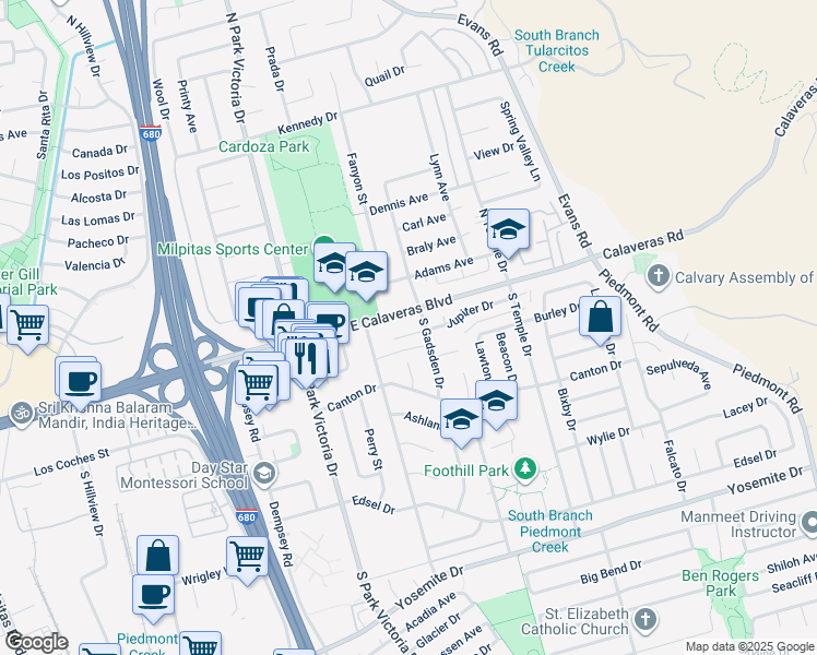 map of restaurants, bars, coffee shops, grocery stores, and more near 1469 Jupiter Court in Milpitas