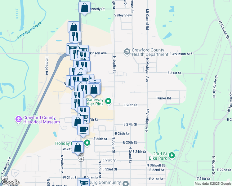map of restaurants, bars, coffee shops, grocery stores, and more near 2910 North Joplin Street in Pittsburg