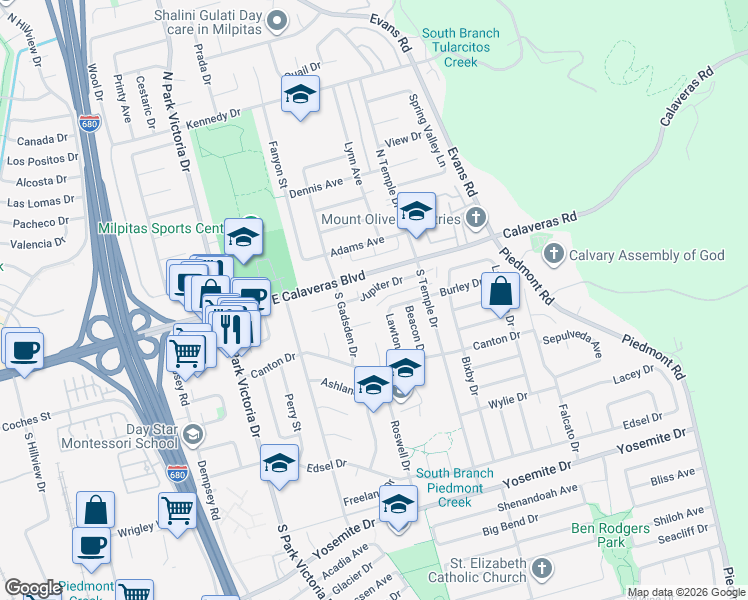 map of restaurants, bars, coffee shops, grocery stores, and more near 1557 Albany Court in Milpitas