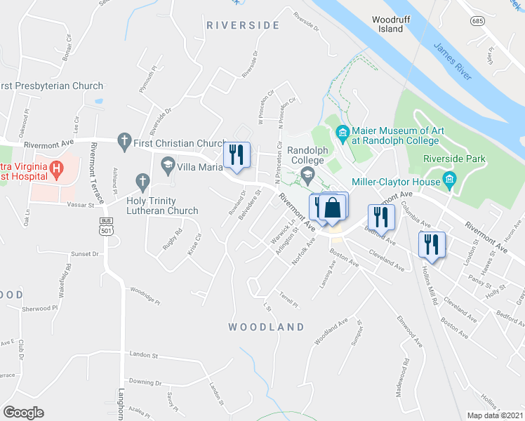 map of restaurants, bars, coffee shops, grocery stores, and more near 229 South Princeton Circle in Lynchburg