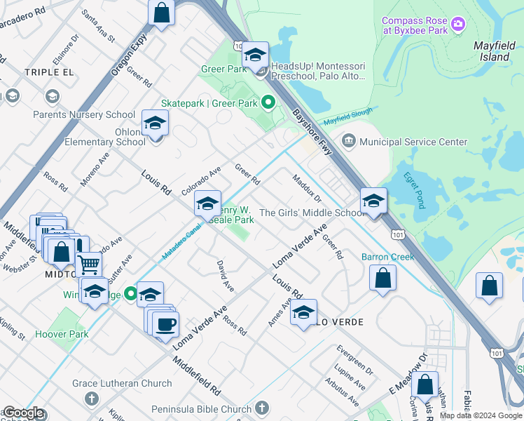 map of restaurants, bars, coffee shops, grocery stores, and more near 3140 Morris Drive in Palo Alto