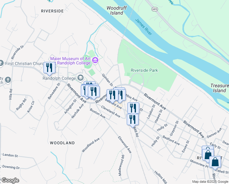 map of restaurants, bars, coffee shops, grocery stores, and more near 2311 Rivermont Avenue in Lynchburg