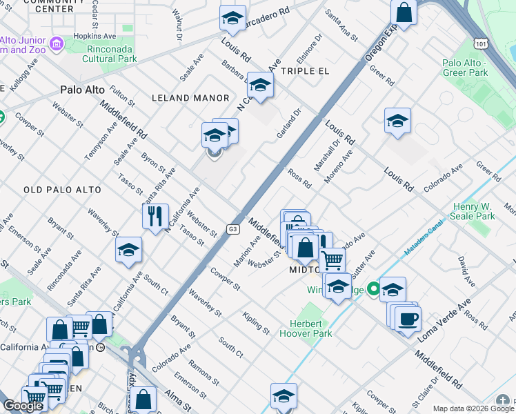 map of restaurants, bars, coffee shops, grocery stores, and more near 703 Coastland Drive in Palo Alto