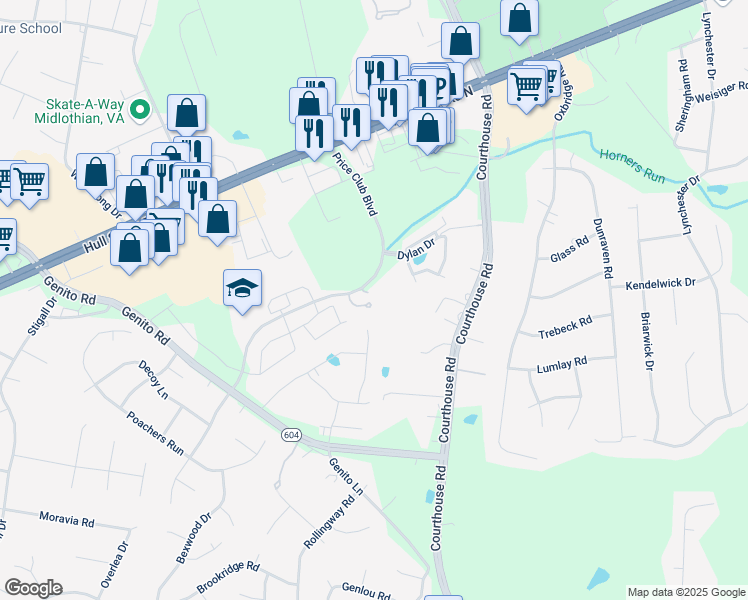 map of restaurants, bars, coffee shops, grocery stores, and more near 3901 Price Club Boulevard in Midlothian