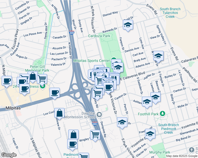 map of restaurants, bars, coffee shops, grocery stores, and more near in Milpitas