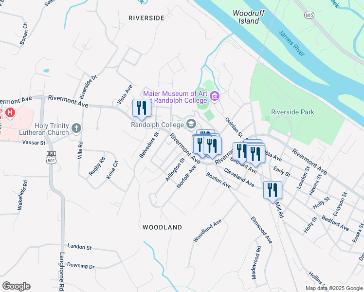 map of restaurants, bars, coffee shops, grocery stores, and more near 2708 Rivermont Avenue in Lynchburg