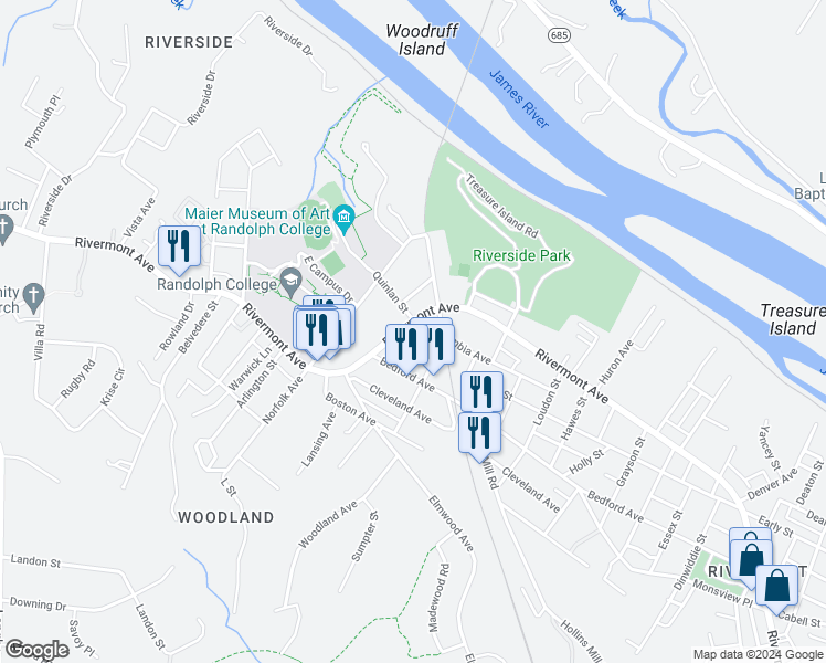 map of restaurants, bars, coffee shops, grocery stores, and more near 2311 Rivermont Avenue in Lynchburg