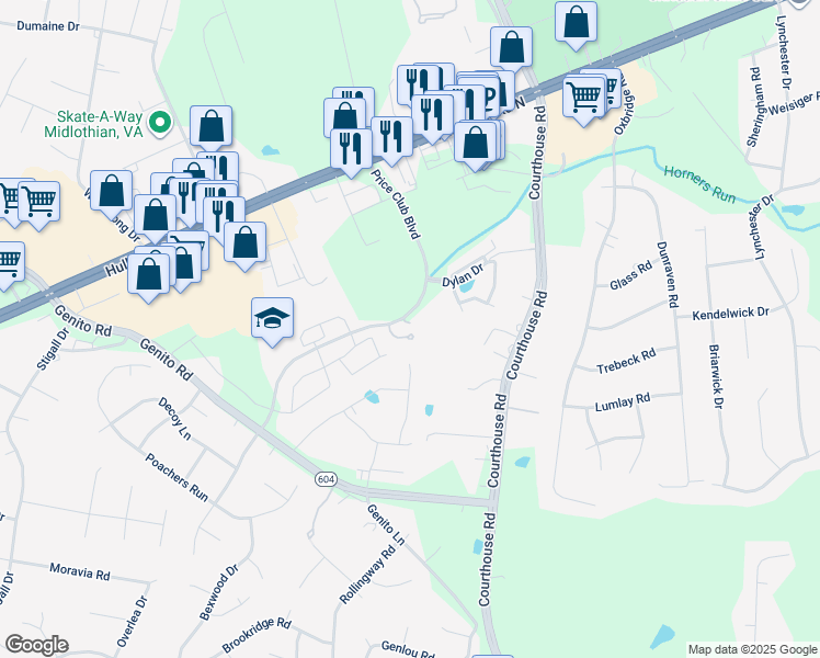 map of restaurants, bars, coffee shops, grocery stores, and more near 3901 Price Club Boulevard in Midlothian