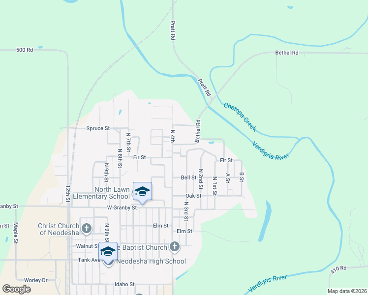 map of restaurants, bars, coffee shops, grocery stores, and more near 1703 North 3rd Street in Neodesha