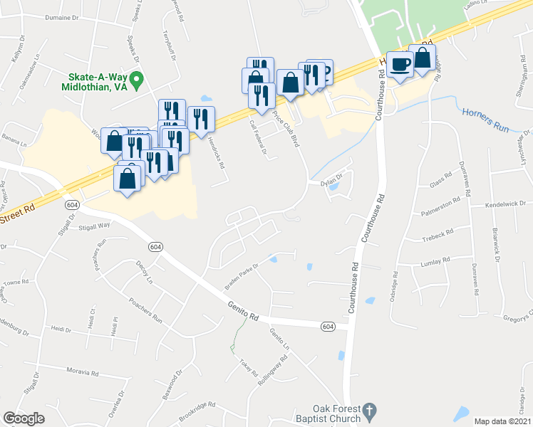 map of restaurants, bars, coffee shops, grocery stores, and more near 3919 Price Club Boulevard in Midlothian